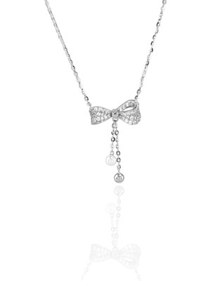 Taca Jewellery 925 Ayar Gümüş Mozanit Taşlı ve Incili Fiyonk Kadın Gümüş Kolye