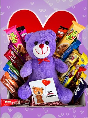 Özbience Sevgiliye Özel Çikolata ve Mor Ayıcıklı Hediye Kutusu