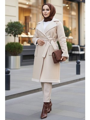 Kürk Detaylı Bej Tesettür Suni Deri Mont 62391BEJ