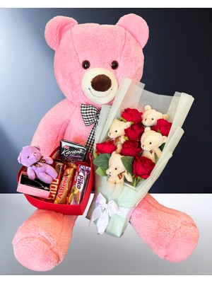 Özbience Sevgiliye Hediye: Ayıcıklı Gül Buketi, Çikolatalı Kolyeli Kutu ve 90CM Pembe Ayıcık