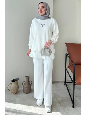 Tesettür Diyarı Çimalı Beli Lastikli Scuba Kumaş Tesettür Pantolon- Beyaz