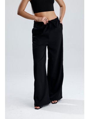 Velizade Kadın Siyah Yüksek Bel İç Göstermez Beli Lastikli Lastikli İpli Bol Paça Palazzo Pantolon
