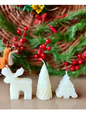 Cacagift Design Geyik, Çam Ağacı ve Mini Çam Ağaç Mum Seti 3'lü