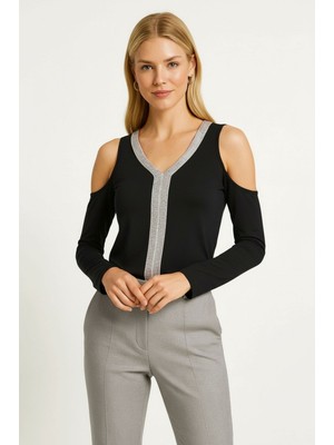 Mamayaga Kadın V Yaka Önden Parıltılı Şeritli Omzu Açık Uzun Kol Viskon Spor Şık Büyük Beden Curve Bluz