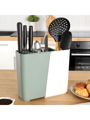 Meleni Home Ayarlanabilir Kaşık Bıçak Standı - Uzayabilen Bölmeli Organizer Bıçaklık Tezgah Üstü Kaşıklık Yeşil