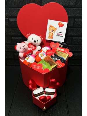 Özbience Sevgiliye Özel Çekmeceli Kalp Kutuda Çikolata ve Mini Ayıcık Hediye