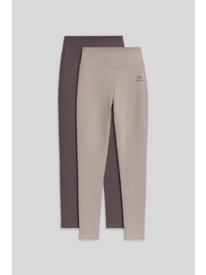 Tommy Life Slim Fit 2li Paket Kahverengi-Koyu Bej Kadın Tayt - 94011
