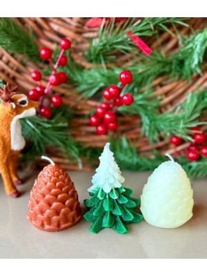 Cacagift Design Kozalak ve Çam Ağaçlı Yılbaşı Temalı 3'lü Mum Seti