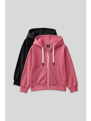 Fermuarlı Pamuklu 2li Paket Siyah-Yaban Gülü Kız Çocuk Sweatshirt - 75149
