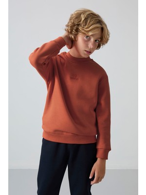 Tommy Life Kiremit Pamuklu Kalın İçi Tüylü Yumuşak Dokulu Standart Fit Nakışlı Erkek Çocuk Sweatshirt - 11232
