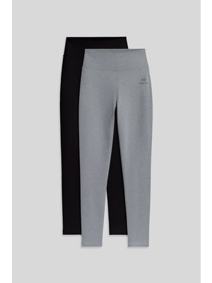 Slim Fit 2li Paket Siyah-Gri Melanj Kadın Kapri Tayt - 94011