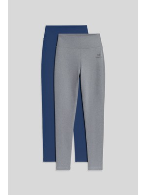 Slim Fit 2li Paket Indigo-Gri Melanj Kadın Kapri Tayt - 94011