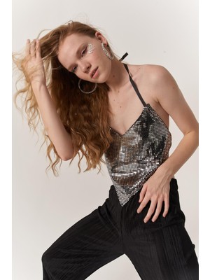 Holly Lolly Üçgen Kesim Boyundan Bağlamalı Glammy Crop Gümüş