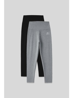 Slim Fit 2li Paket Siyah-Gri Melanj Kadın Kapri Tayt - 93097
