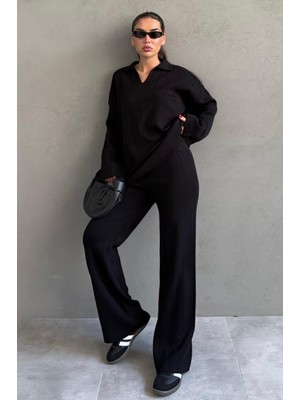 Madmext Siyah Rahat Kesim Dikiş Detaylı Kadın Triko Takım MG2584