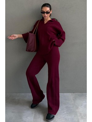 Madmext Bordo Rahat Kesim Dikiş Detaylı Kadın Triko Takım MG2584