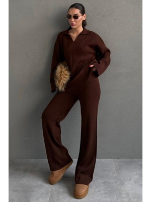 Madmext Acı Kahve Rahat Kesim Dikiş Detaylı Kadın Triko Takım MG2584
