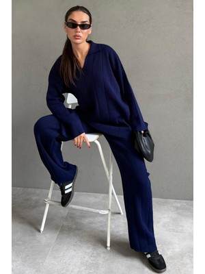 Madmext Lacivert  Rahat Kesim Dikiş Detaylı Kadın Triko Takım MG2584