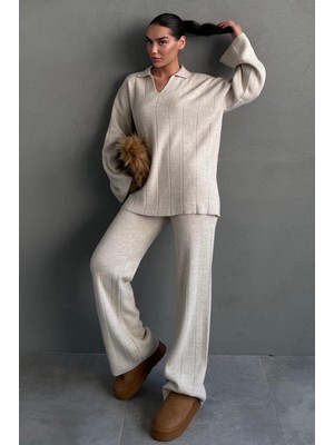 Madmext Bej Rahat Kesim Dikiş Detaylı Kadın Triko Takım MG2584