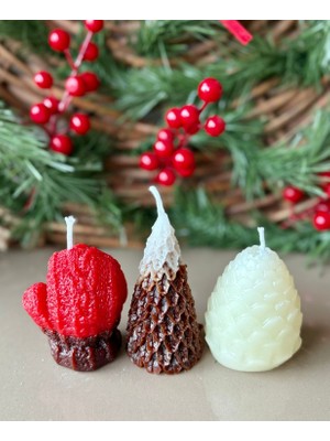 Cacagift Design Eldiven, Çam Ağacı ve Kozalak Modelli 3'lü Mum Seti Yılbaşına Özel