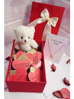 Özbience Sevgililer Günü Zirkon Taşlı Kolye, Çikolata ve Ayıcık Kutusu Seti