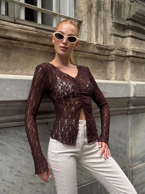 Elaxi Kadın V Yaka Transparan Dantel Uzun Kollu Bluz