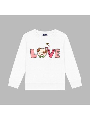 Mixxi Fashion Sevimli Köpek Love Baskılı 3 Iplik Bisiklet Yaka Kız Çocuk Sweatshirt  (4-13 Yaş)