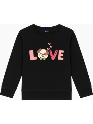 Mixxi Fashion Sevimli Köpek Love Baskılı 3 Iplik Bisiklet Yaka Kız Çocuk Sweatshirt  (4-13 Yaş)