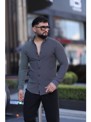 L-KOM Siyah Beyaz Çizgili Slim Fit Uzun Kol Erkek Gömlek - Modern Şık Stil