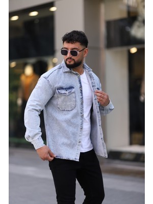 L-KOM Erkek Kot Gömlek Rahat Kalıp, Çift Cepli, Düğmeli Denim Gömlek