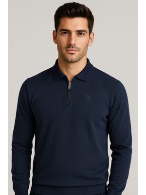 We&Me Polo Yaka Yumuşak Tuşeli Fermuarlı Erkek Triko Kazak Lacivert Klasik Stil
