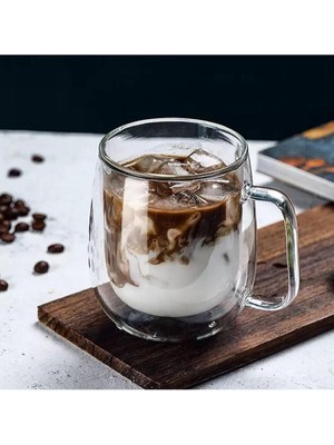 Özbience Çift Katlı 300ML Cam Fincan, Isı Yalıtımlı ve Kulplu Ev Ofis Bardak