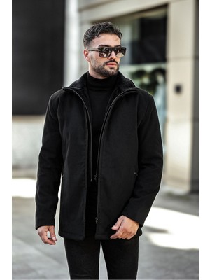 Gm Giyimarket Erkek Yün Karışımlı Çift Yaka Kürklü Önü Fermuarlı Iç Kısmı Kapitone Astarlı Kaşe Kaban