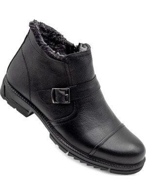 Levarno Caldor Strap Hakiki Deri Içi Kürklü Fermuarlı Toka Detaylı Kışlık Siyah Günlük Erkek Bot