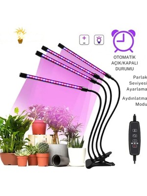 LED Bitki Çiçek Büyütme Işığı 4 Kafa Dim Ayarlanabilir Zamanlayıcı Tam Spektrumlu USB Bitki Lambası