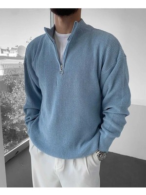 We&Me Erkek Slim Fit Dar Kesim Yarım Fermuarlı Dik Yaka Triko Kazak