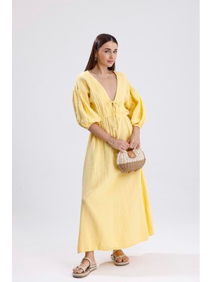 Velizade Kadın Sarı Konfor Modeli V Yaka Balon Kol Müslin Elbise Bağlamalı Bel Büzgülü A Kesim Uzun Elbise