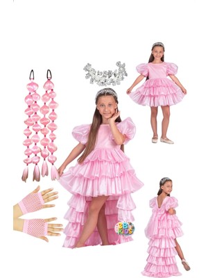 3b Kids Pembe Arkası Çıtçıtlı Kabarık Kat Kat Katlı Mezuniyet Abiye Elbise Gelinlik Pembe Bubble Saç Taç Seti