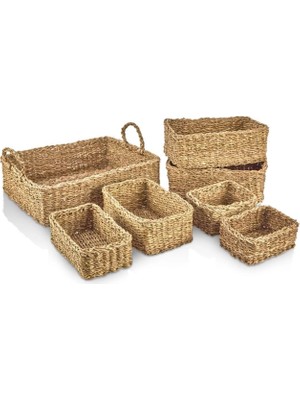 Dekoratif Naturel Dikdörtgen Düzenleyici Hasır Sepet 7 Li