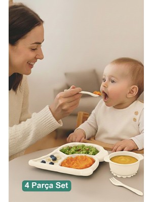Ovio Ev Yaşam Dino Mama Seti - Tabak Çerezlik ve Çatal Kaşık - Bebek Yemek Kabı - Dinozor Çocuk Tabak Seti