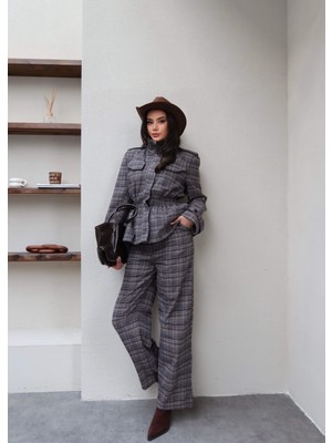 Esra Helvacı Ekose Bel Büzgü Ceket Pantolon Takım