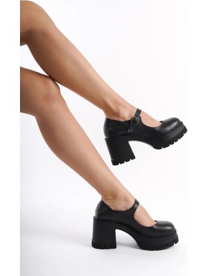 Asmi Shoes Tek Baletli Neon 8 Cm Topuklu Platformlu Loafer Ayakkabı Siyah Cilt