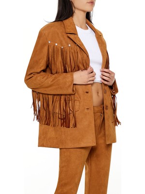 F21 Püskül Detaylı Suni Süet Ceket