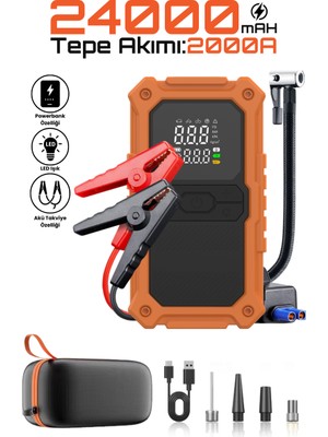 Enshall 24.000MAH Şarjlı Powerbank Özellikli Çantalı 2000A Tepe Akımlı Akü Takviyeli Oto Hava Kompresör