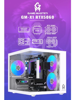 GM Game Master Gm-X1 RTX5060 R5 5600 Cpu 16GB Ddr4 Ram 1tb M.2 SSD RTX5060 8gb Sıvı Soğutuculu Beyaz Gaming Pc