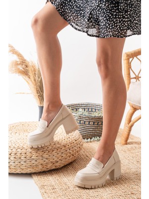 Asmi Shoes Kadın Loafer Model Tokasız 8 Cm Topuklu Ayakkabı Krem Suni Deri Kalın Taban