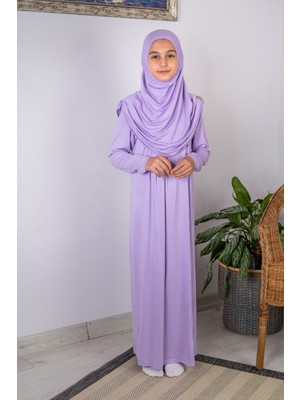 İhvan Online Pratik Başörtülü Tek Parça Çocuk Namaz Elbisesi 8-12 Yaş - Lila