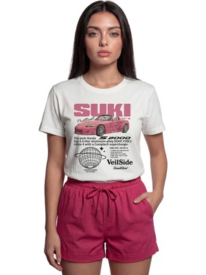Color Luxe ''suki S2000'' Pembe Spor Araba Baskılı %100 Pamuk Rahat Kesim Premium Kadın Tişört