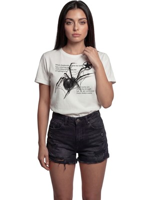 Color Luxe ''black Widow'' Kara Dul Örümcek Baskılı %100 Pamuk Rahat Kesim Premium Kadın Tişört