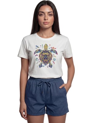 Color Luxe ''renkli Deniz Kaplumbağası'' Sanatsal Baskılı %100 Pamuk Rahat Kesim Premium Kadın Tişört